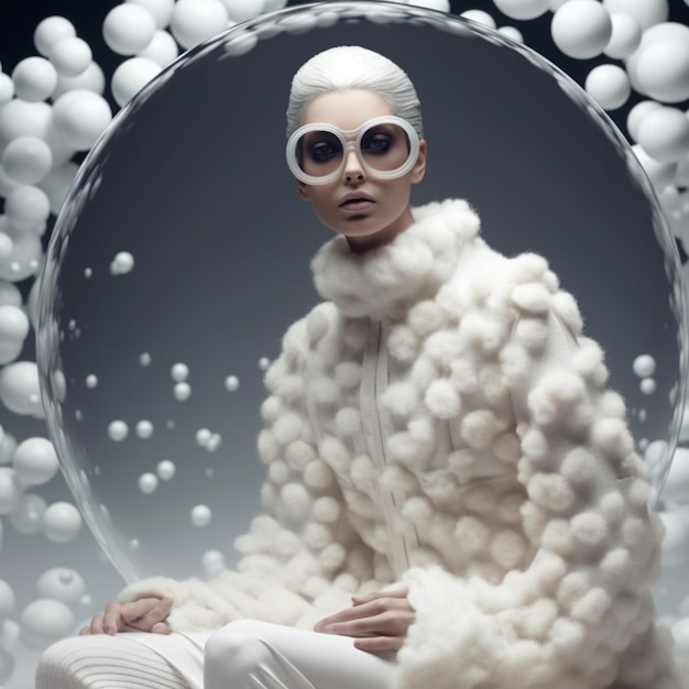 Photo arafed image of a woman in a white fur coat and sunglasses generative ai