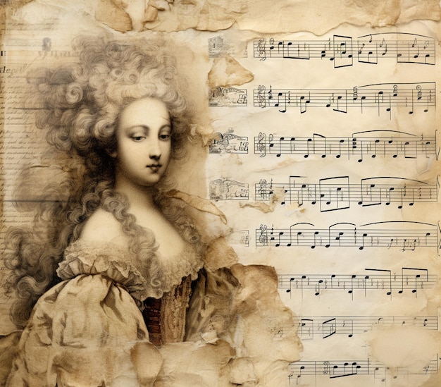 Foto immagine raffigurante di una donna con un vestito e una partitura musicale generativa ai