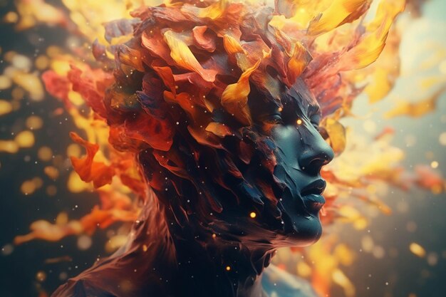 Arafed image of a woman with a fire head and a blue face generative ai