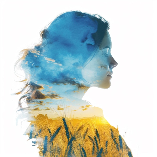 arafed image of a woman with a sky background and wheat field generative ai