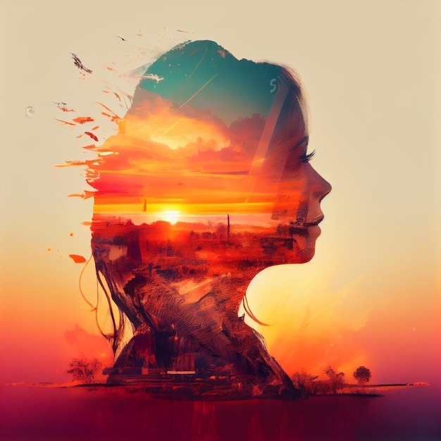 Arafed image of a woman with a sunset in the background generative ai