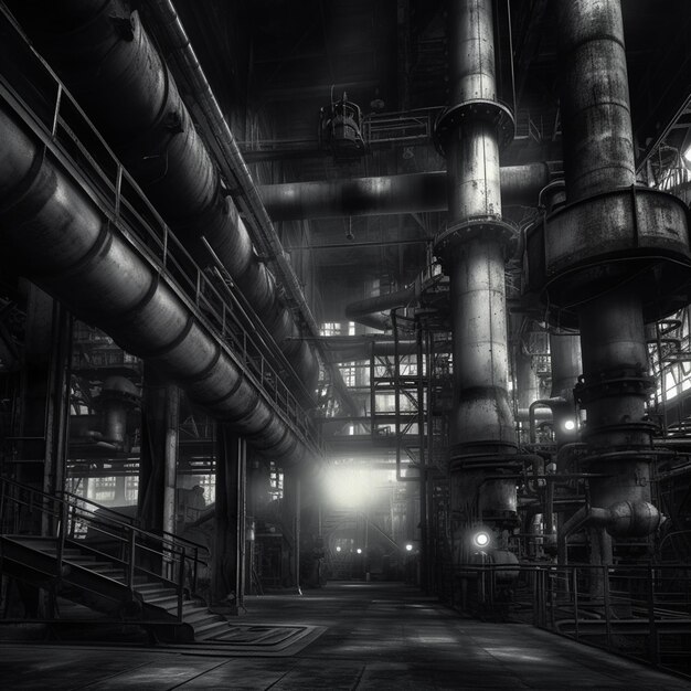 arafed industrial area with pipes and stairs and a light generative ai