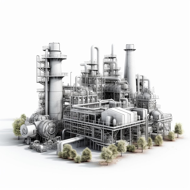 Arafed industrial plant with trees and pipes on a white background generative ai