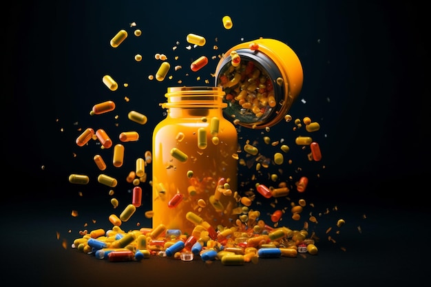 arafed jar of pills spilling out of it on a black background generative ai