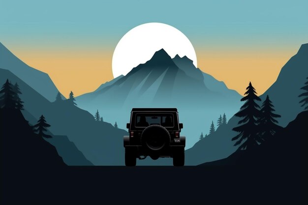 Photo arafed jeep driving through a mountain landscape with a full moon generative ai