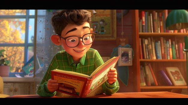 arafed jongen die een boek leest in een bibliotheek met een raam op de achtergrond generatieve ai