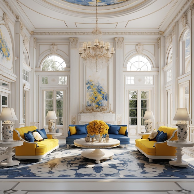 Foto arafed kamer met een blauwe en gele bank en een koffietafel generatieve ai