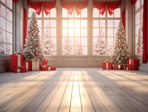 Arafed kamer met kerstbomen en geschenken voor een raam generatieve ai