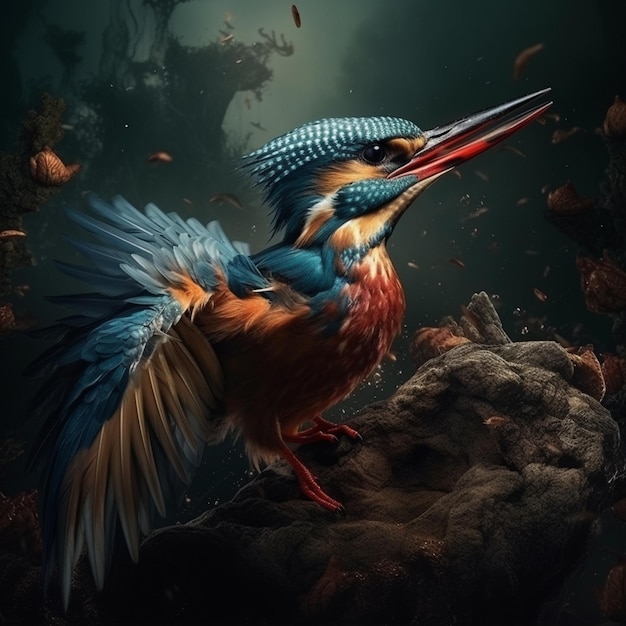 Arafed kingfisher with open beak and wings spread out on a rock generative ai