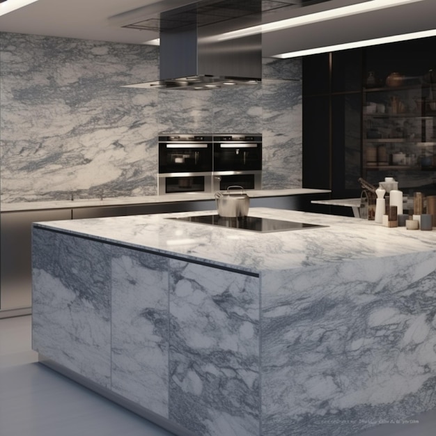 arafed kitchen with a marble island and stainless steel appliances generative ai