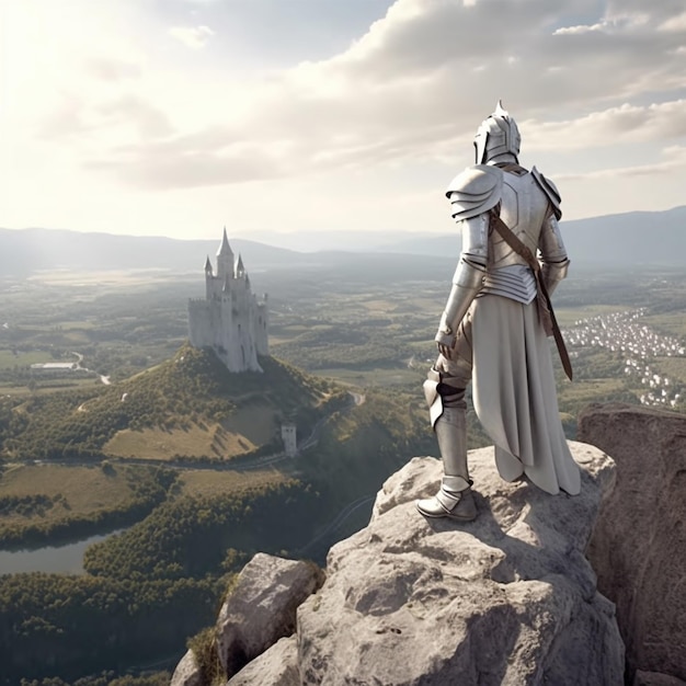 Photo arafed knight standing on a rock overlooking a castle and valley generative ai
