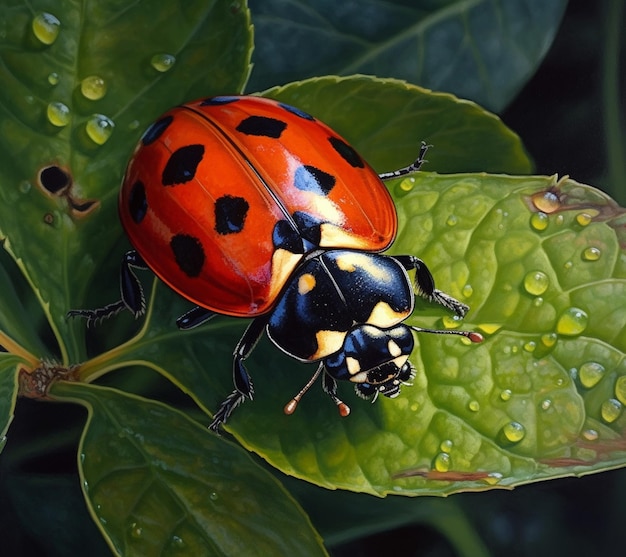 Arafed lady bug on a leaf with water droplets generative ai (アラフェッド・レディー・バグ) は,水滴を生成するアイの葉に生息するバグである.