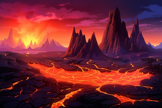 Arafed landscape with lava and lava mountains at sunset generative ai