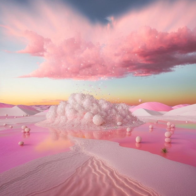 Photo arafed landscape with pink clouds and pink water and a pink sky generative ai