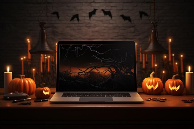 Foto computer portatile arafed seduto su un tavolo con decorazioni di halloween generativa ai