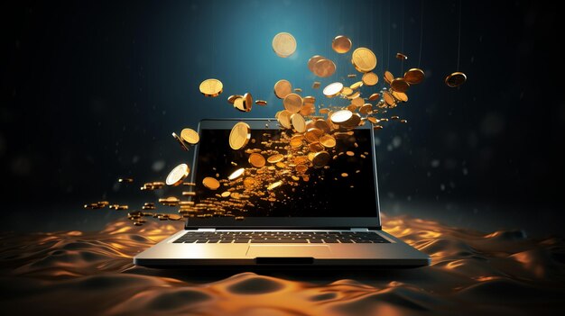 Photo arafed laptop computer with golden coins flying out of it generative ai