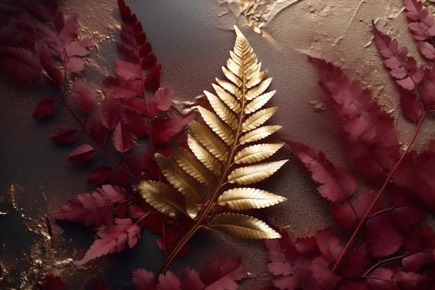 Arafed leaf on a wall with red leaves and a gold leaf generative ai
