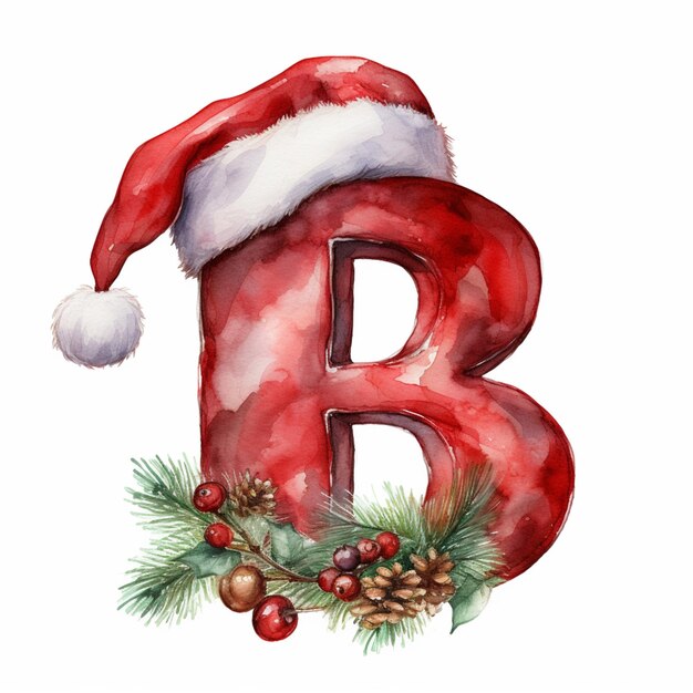 arafed letter b with a santa hat and pine cones generative ai