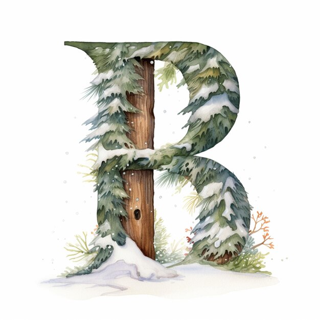 Photo arafed letter b with a snow covered tree and a birdhouse generative ai