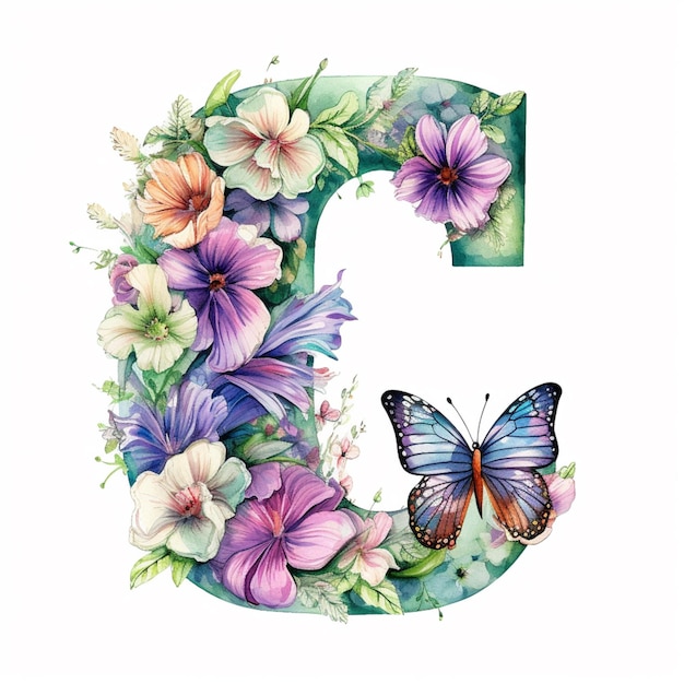 arafed letter g met een vlinder en bloemen erop generatieve ai