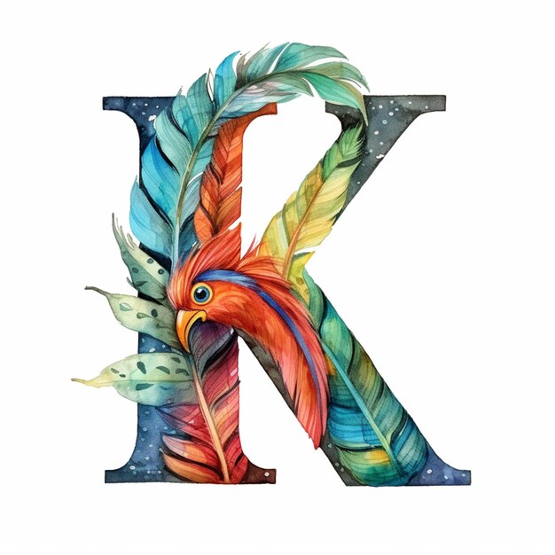 Photo arafed letter k with colorful feathers and leaves on a white background generative ai