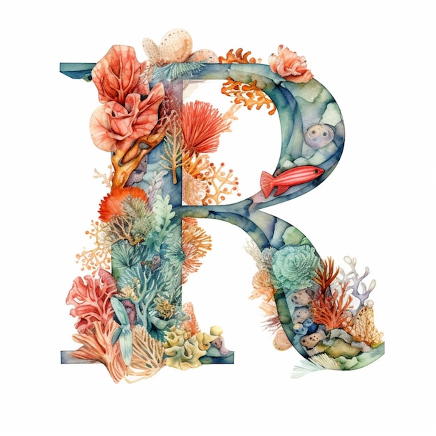 Photo arafed letter r with corals and sea life on a white background generative ai