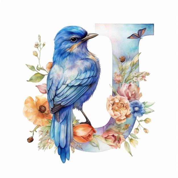 Foto lettera arafed con un uccello e fiori su di esso generativo ai