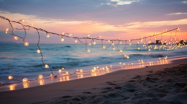 Arafed lichtsnoer op een strand bij zonsondergang generatieve ai