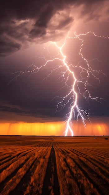 Arafed lightning strikes across a field of crops in a cloudy sky generative ai