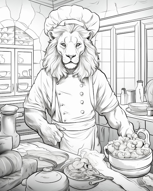 요리사 의 유니폼 을 입은 사자 가 부 에서 음식 을 준비 하고 있다