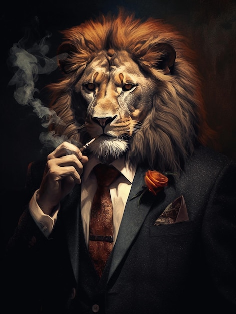 Premium AI Image | arafed lion in a suit smoking a cigarette with a ...