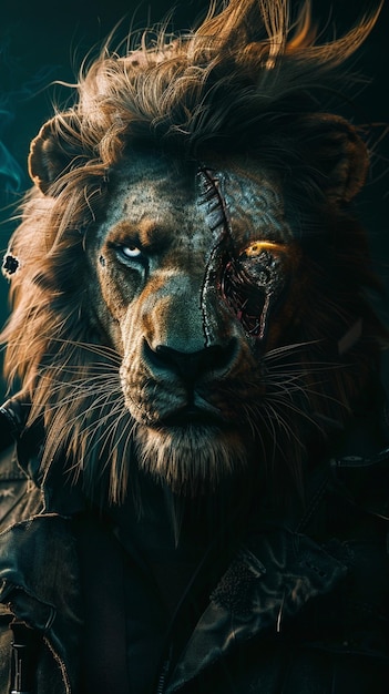 arafed lion with a bloody face and a chain around its neck generative ai