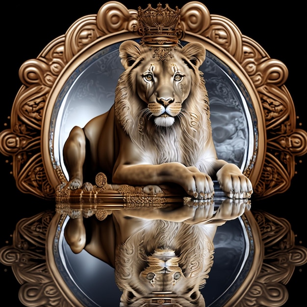 arafed lion with reflection in ornate frame with reflection generative ai