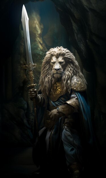 Arafed lion with a sword and a cape in a cave generative ai