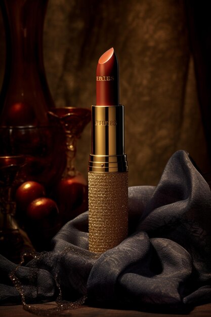 Arafed lipstick with a gold rim sits on a cloth generative ai
