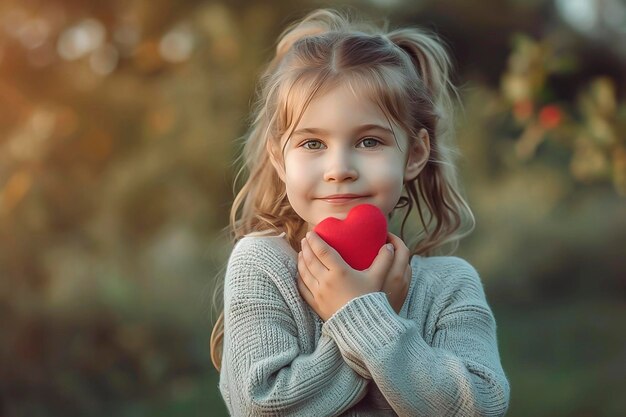 Photo arafed little girl holding a red heart in her hands