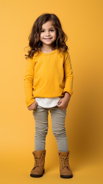 노란색 셔츠와 회색 바지를 입은 작은 소녀가 노란색 배경에 서 있습니다.