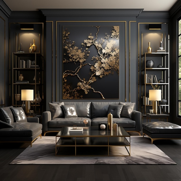 arafed living room with a black couch and a gold framed wall generative ai