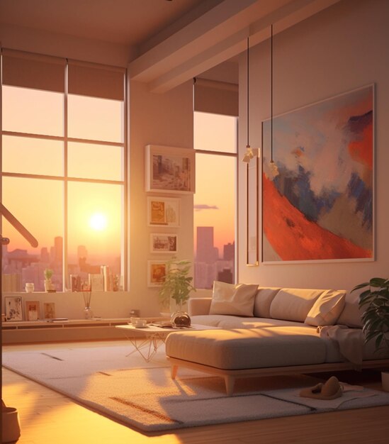 Arafed living room with a couch and a large window overlooking a city generative ai