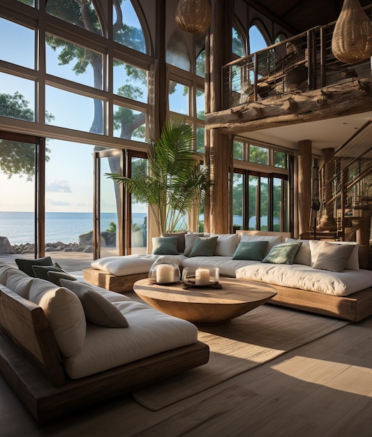 Arafed living room with a large window overlooking the ocean generative ai