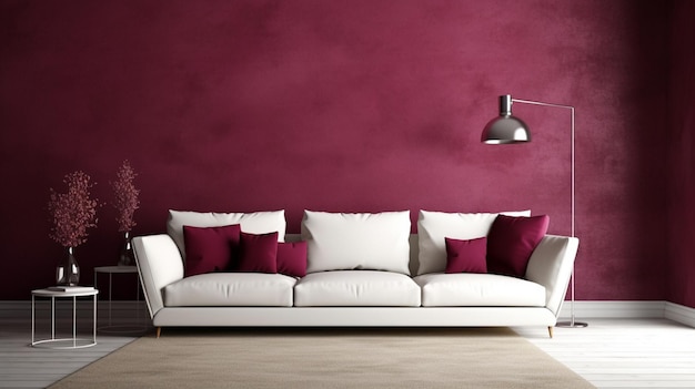 白いソファと赤い壁を備えたアラフェッドのリビングルーム