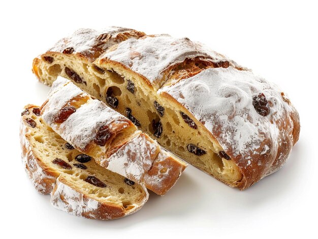 arafed loaf of bread with raisins and powdered sugar on top generative ai