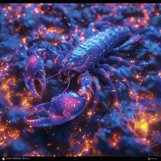arafed lobster with glowing skin and glowing tail on a bed of rocks generative ai
