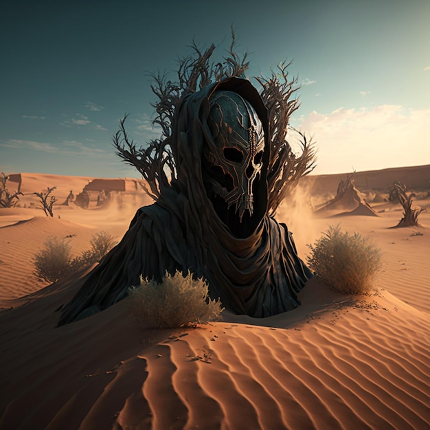 Foto creatura dall'aspetto arafed in un deserto con un albero sullo sfondo ai generativo