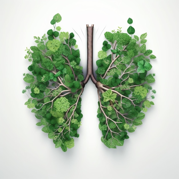 arafed lung made of green leaves and branches on a white background generative ai