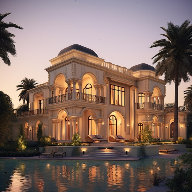 arafed luxury mansion with a pool and palm trees at dusk generative ai