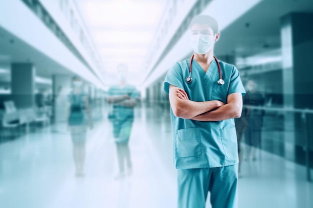 腕を組んで病院の廊下に立つアラフェドの男性医師の生成AI