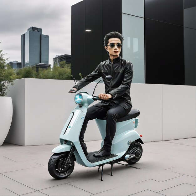 arafed man in black leather jacket riding a blue scooter