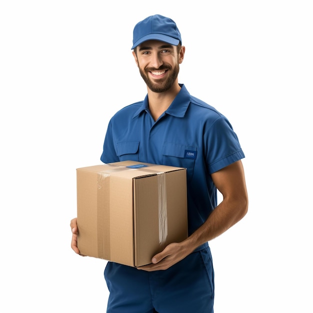 Arafed Man In Blue Uniform Holding A Cardboard Box