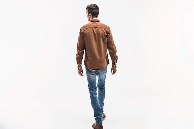 arafed man in brown shirt and jeans walking towards camera generative ai